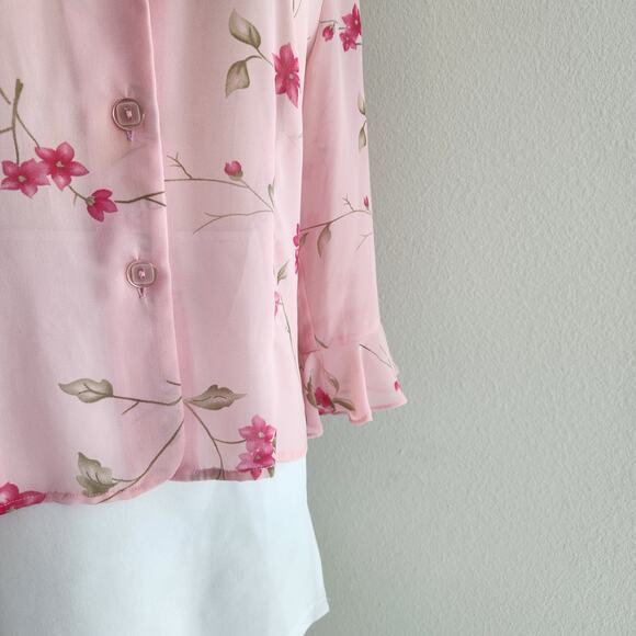 Vintage Y2K Studio I Pink Floral Sheer Button Down Blouse Tie Back S/M - Picture 4 of 10